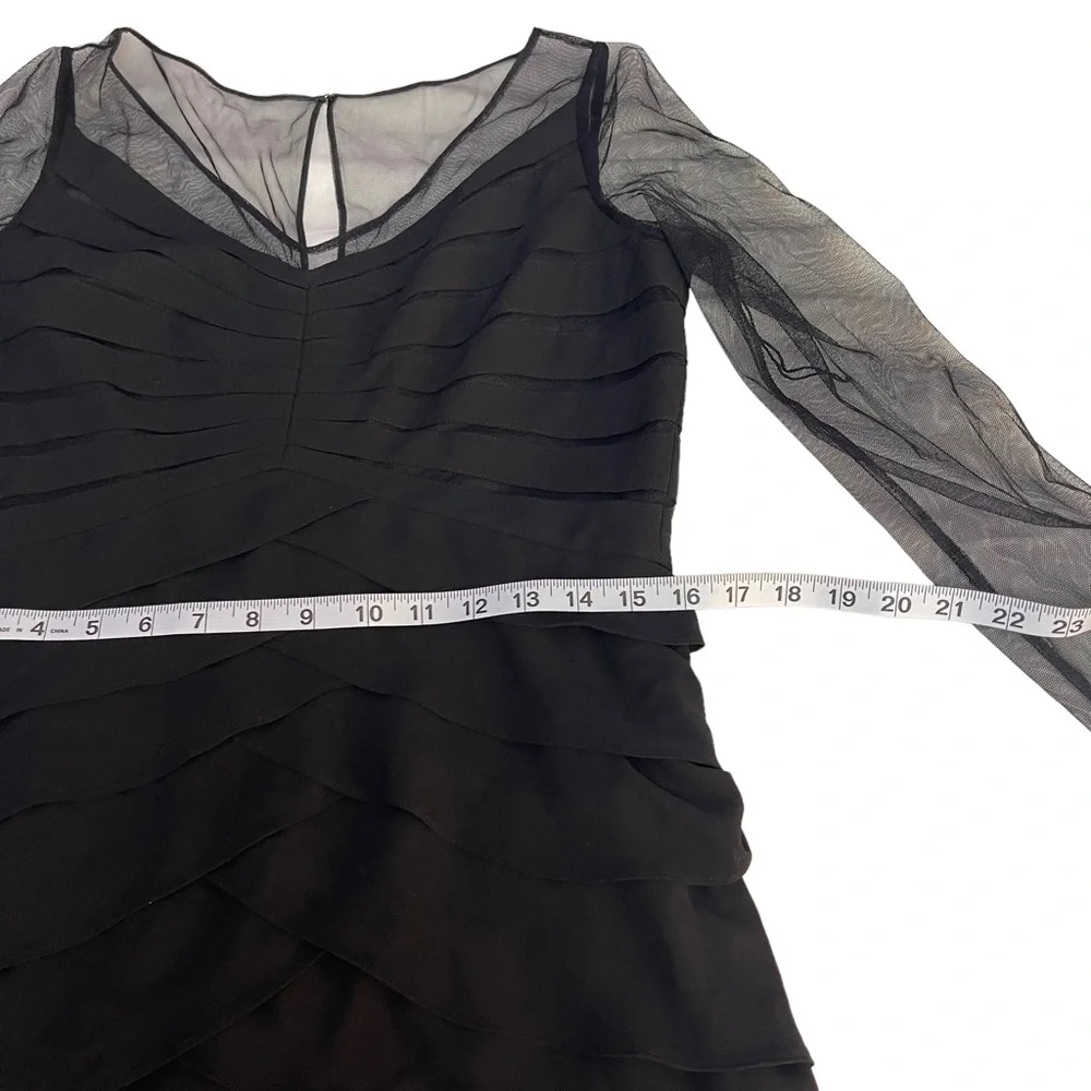 Adrianna Papell Long Sleeve Mesh Tiered Raffled Black Midi Dress Size 8 - Picture 5 of 10